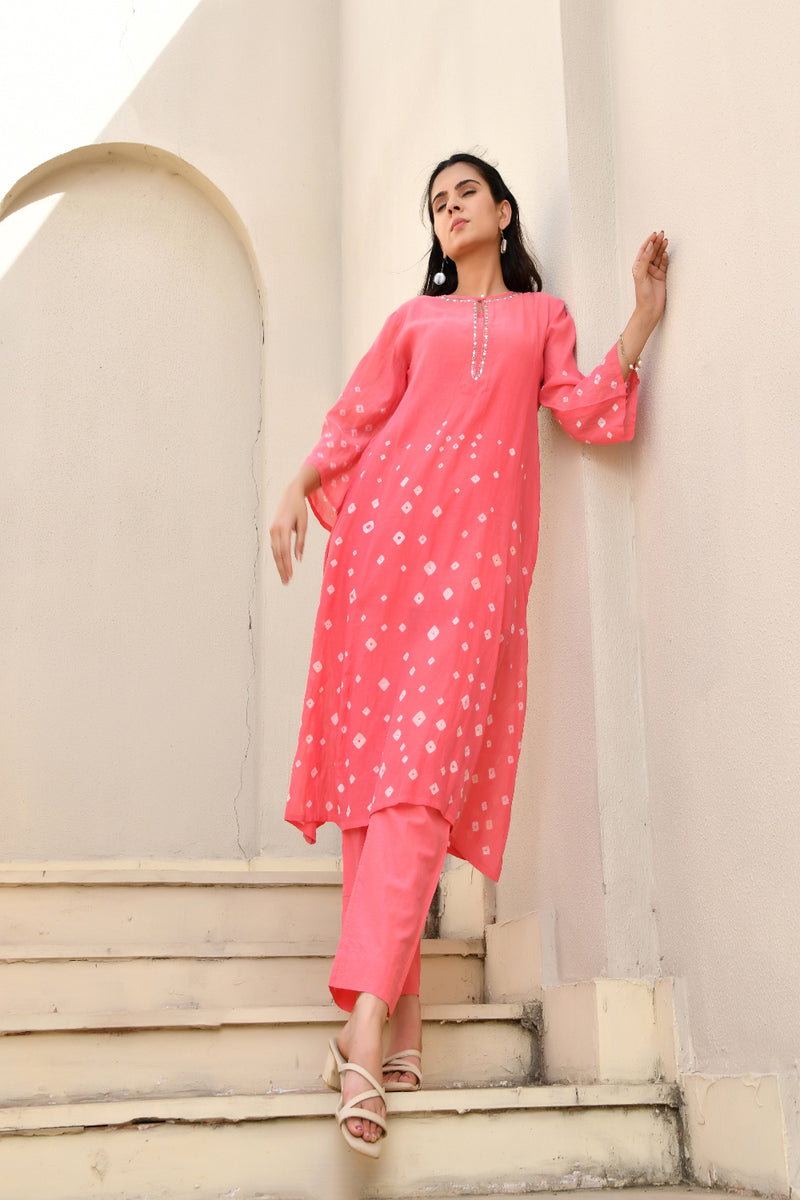 (Vaasva) Women Pink Mulchanderi floral bandej kurta pant set  (Set of 5 Pc)