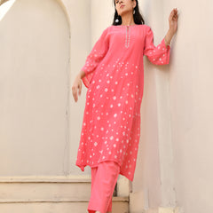 (Vaasva) Women Pink Mulchanderi floral bandej kurta pant set  (Set of 5 Pc)