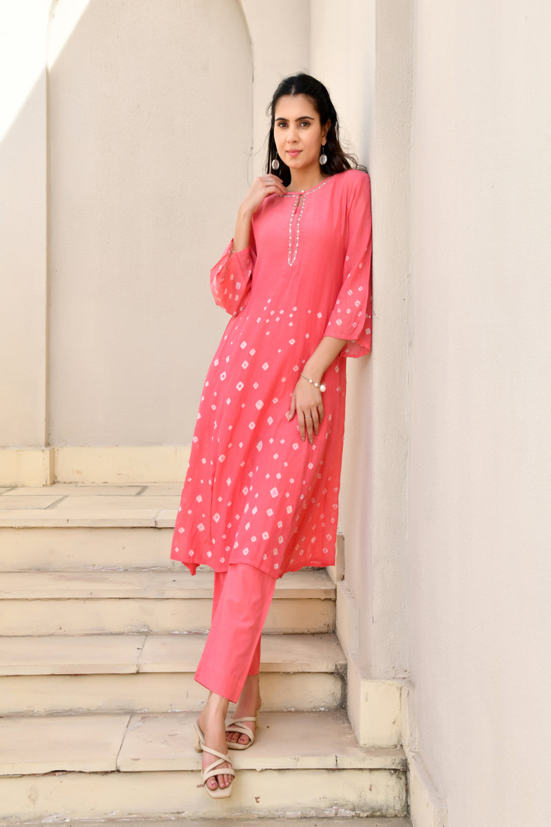 (Vaasva) Women Pink Mulchanderi floral bandej kurta pant set  (Set of 5 Pc)