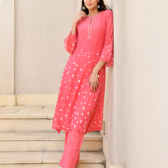 (Vaasva) Women Pink Mulchanderi floral bandej kurta pant set  (Set of 5 Pc)