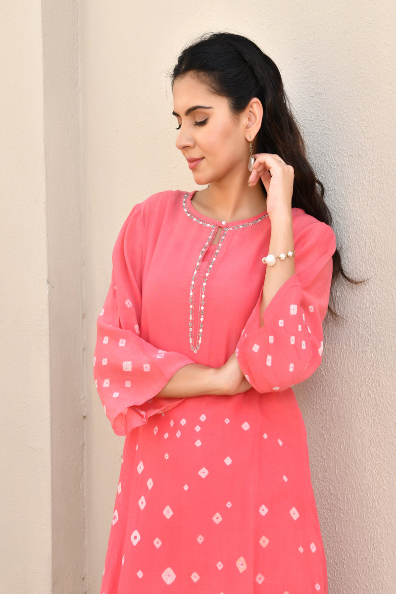 (Vaasva) Women Pink Mulchanderi floral bandej kurta pant set  (Set of 5 Pc)