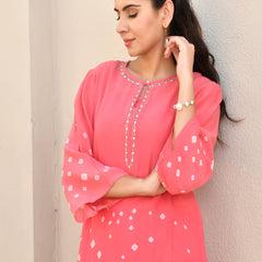 (Vaasva) Women Pink Mulchanderi floral bandej kurta pant set  (Set of 5 Pc)