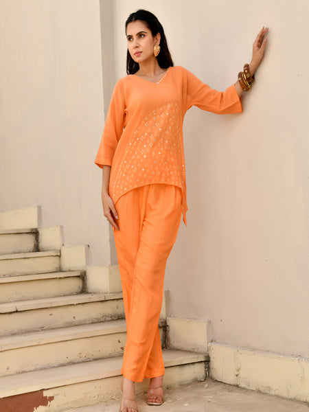 (Vaasva) Women Orange Mulchanderi geometrical cord set  (Set of 5 Pc)