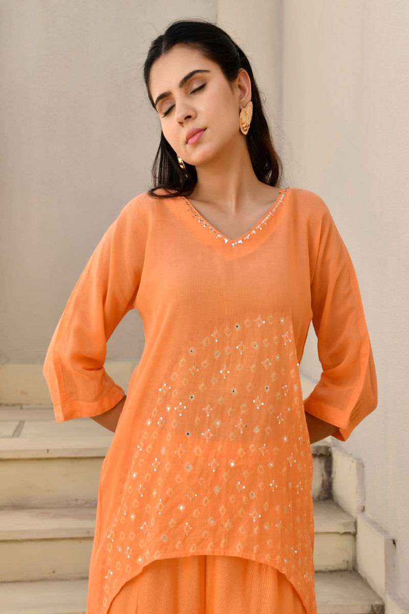 (Vaasva) Women Orange Mulchanderi geometrical cord set  (Set of 5 Pc)