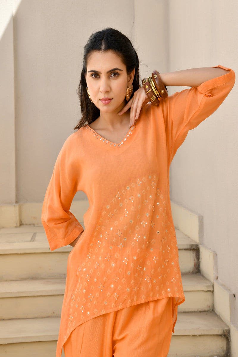 (Vaasva) Women Orange Mulchanderi geometrical cord set  (Set of 5 Pc)