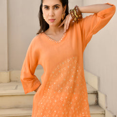 (Vaasva) Women Orange Mulchanderi geometrical cord set  (Set of 5 Pc)