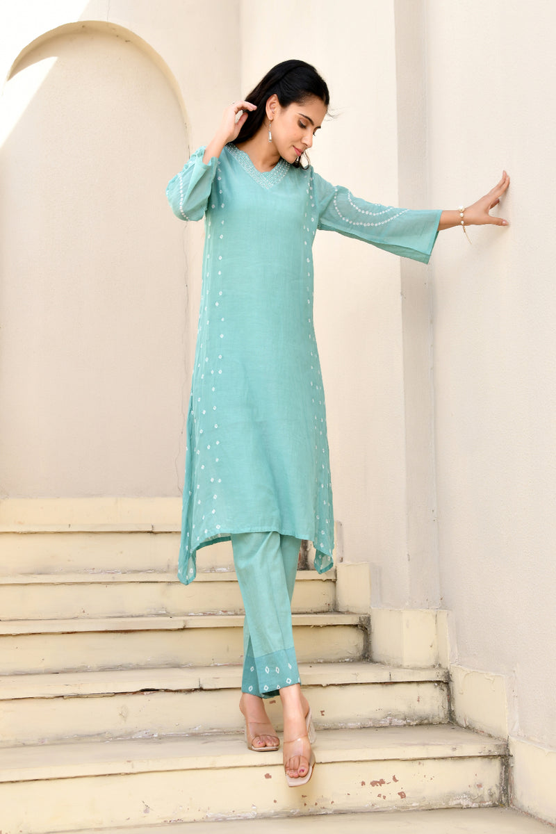 (Vaasva) Women Turquoise Mulchanderi panel bandej kurta set  (Set of 5 Pc)
