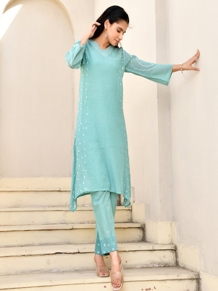 (Vaasva) Women Turquoise Mulchanderi panel bandej kurta set  (Set of 5 Pc)