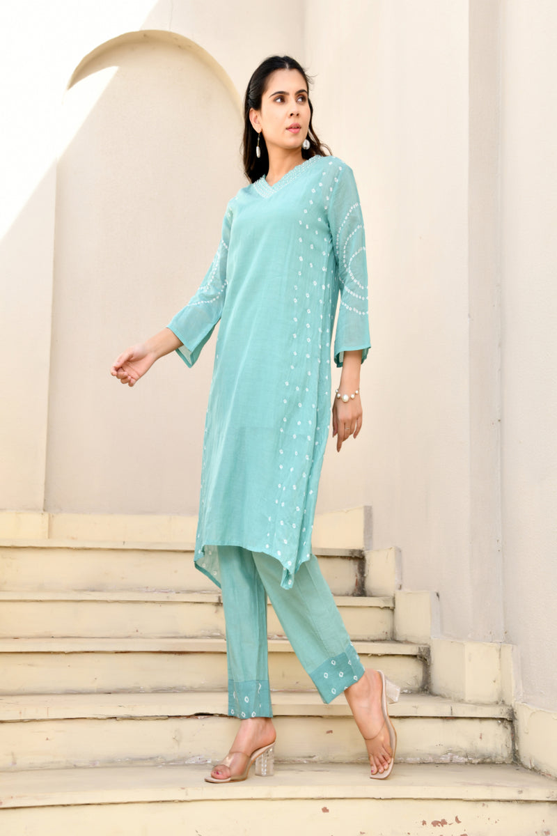 (Vaasva) Women Turquoise Mulchanderi panel bandej kurta set  (Set of 5 Pc)