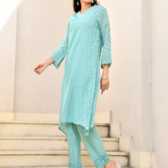 (Vaasva) Women Turquoise Mulchanderi panel bandej kurta set  (Set of 5 Pc)