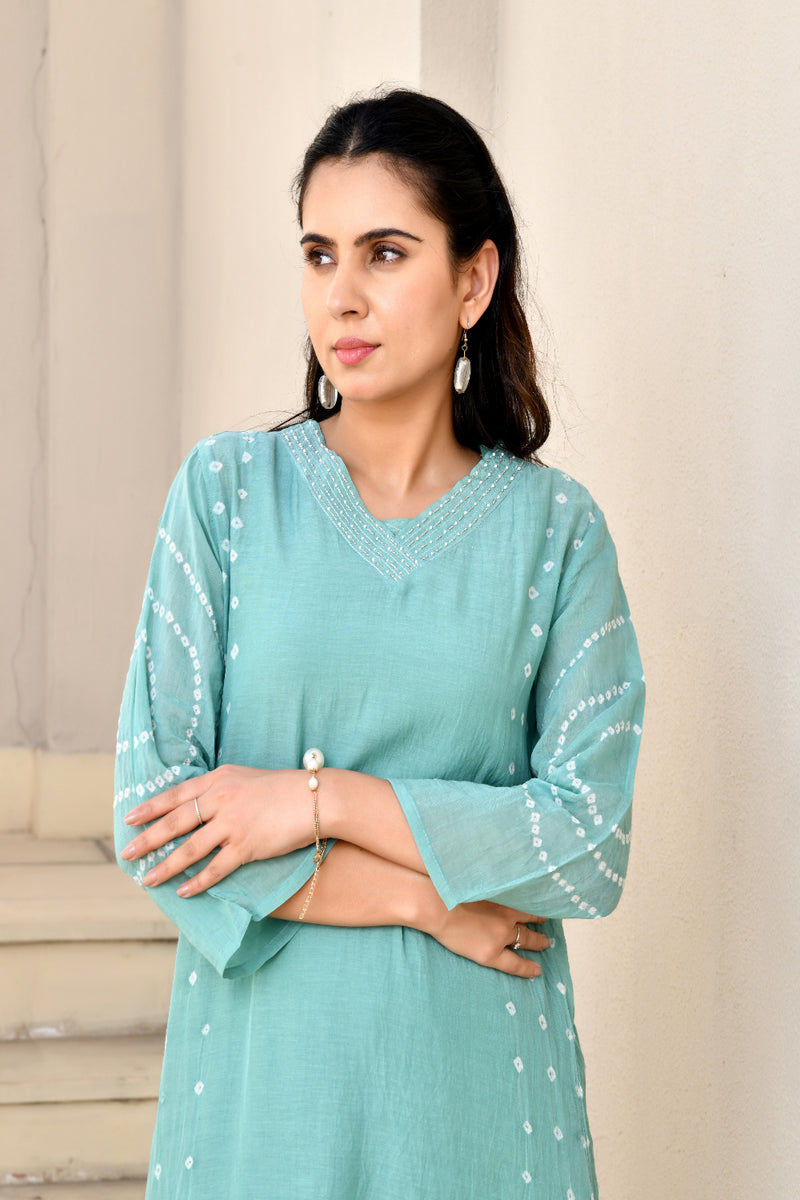 (Vaasva) Women Turquoise Mulchanderi panel bandej kurta set  (Set of 5 Pc)