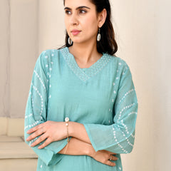 (Vaasva) Women Turquoise Mulchanderi panel bandej kurta set  (Set of 5 Pc)