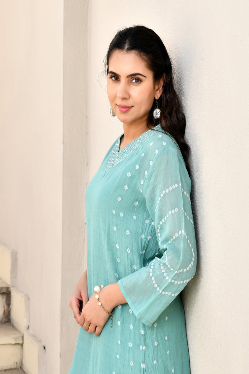 (Vaasva) Women Turquoise Mulchanderi panel bandej kurta set  (Set of 5 Pc)