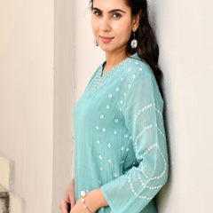 (Vaasva) Women Turquoise Mulchanderi panel bandej kurta set  (Set of 5 Pc)
