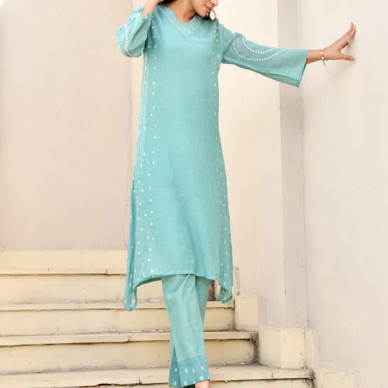 (Vaasva) Women Turquoise Mulchanderi panel bandej kurta set  (Set of 5 Pc)