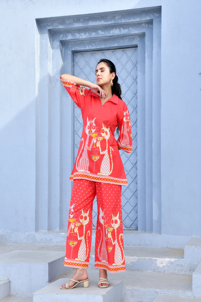 (Vaasva) Women Pink dog print collared neck cotton cord set  (Set of 5 Pc)