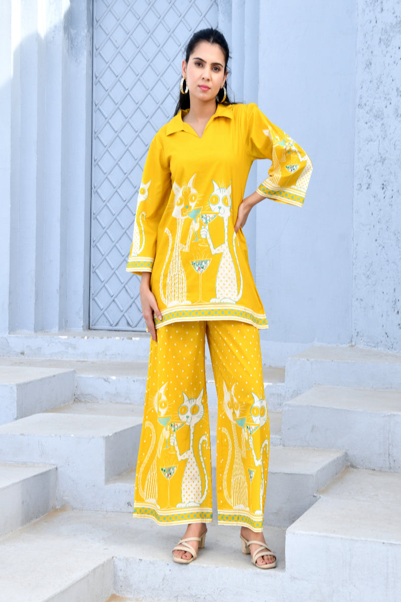 (Vaasva) Women yellow dog print collared neck cotton cord set  (Set of 5 Pc)