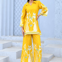 (Vaasva) Women yellow dog print collared neck cotton cord set  (Set of 5 Pc)