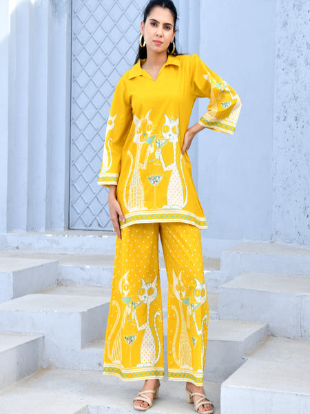 (Vaasva) Women yellow dog print collared neck cotton cord set  (Set of 5 Pc)