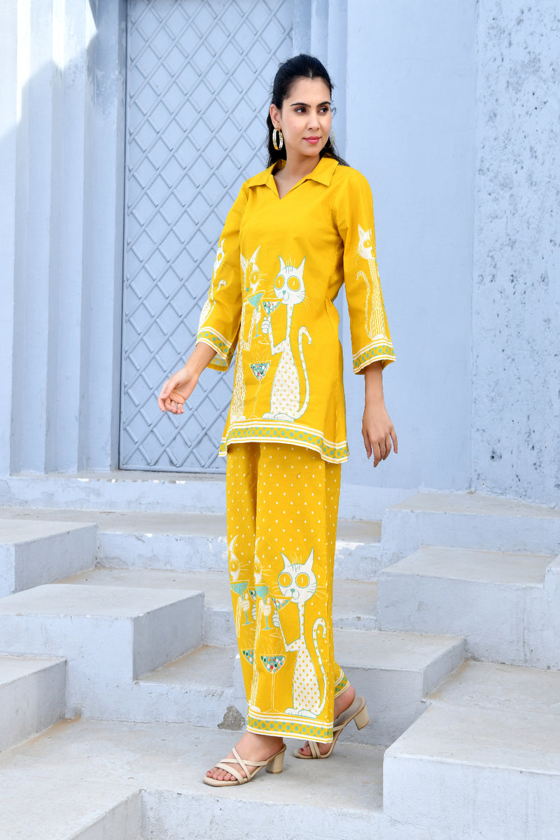 (Vaasva) Women yellow dog print collared neck cotton cord set  (Set of 5 Pc)
