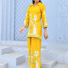 (Vaasva) Women yellow dog print collared neck cotton cord set  (Set of 5 Pc)