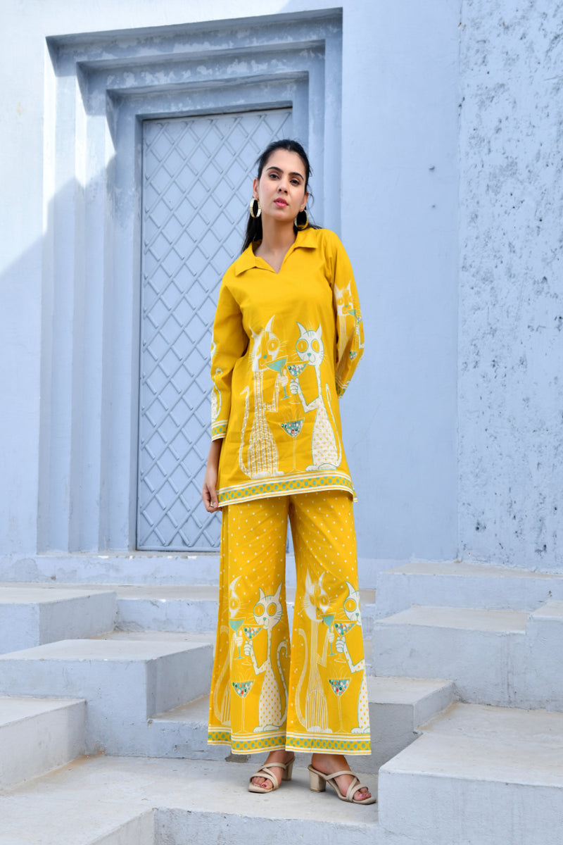 (Vaasva) Women yellow dog print collared neck cotton cord set  (Set of 5 Pc)