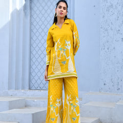 (Vaasva) Women yellow dog print collared neck cotton cord set  (Set of 5 Pc)