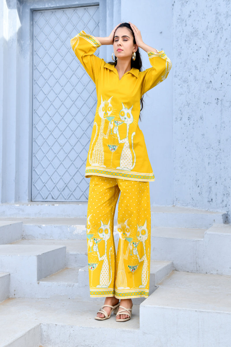 (Vaasva) Women yellow dog print collared neck cotton cord set  (Set of 5 Pc)