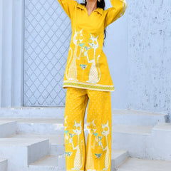 (Vaasva) Women yellow dog print collared neck cotton cord set  (Set of 5 Pc)