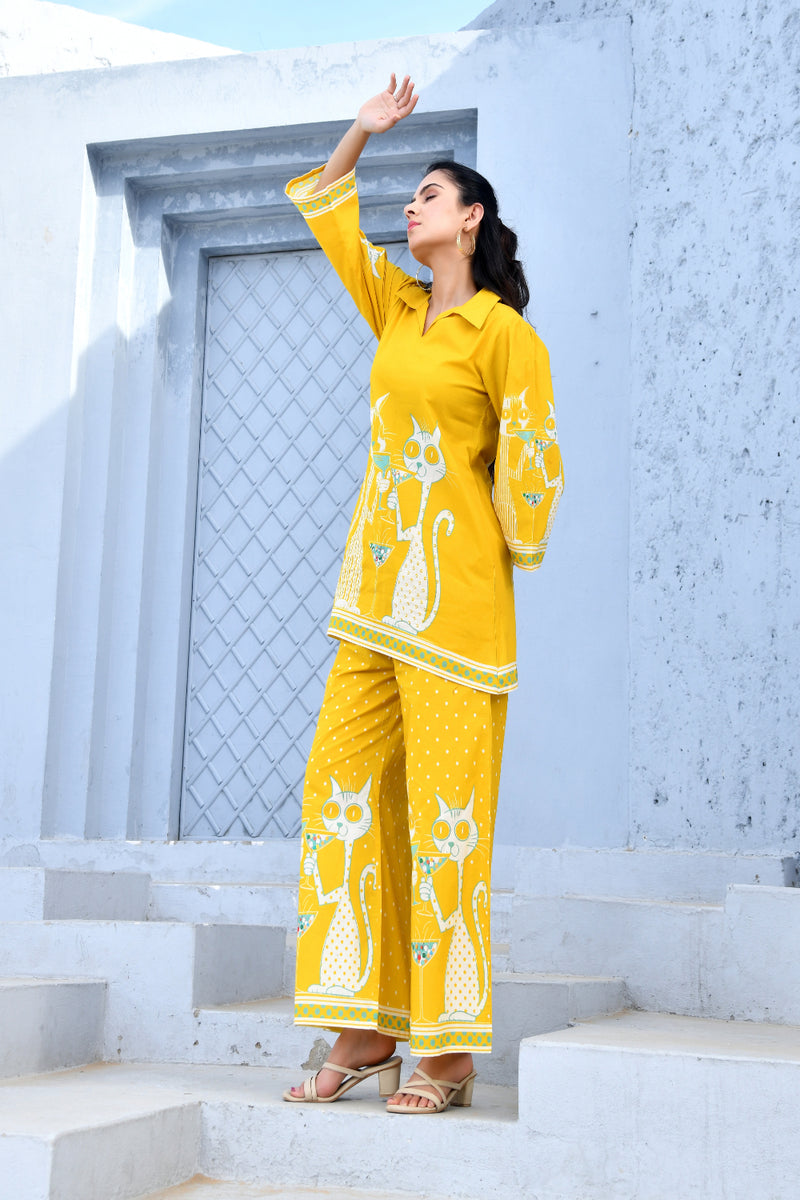 (Vaasva) Women yellow dog print collared neck cotton cord set  (Set of 5 Pc)