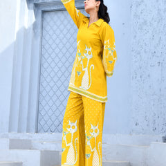 (Vaasva) Women yellow dog print collared neck cotton cord set  (Set of 5 Pc)