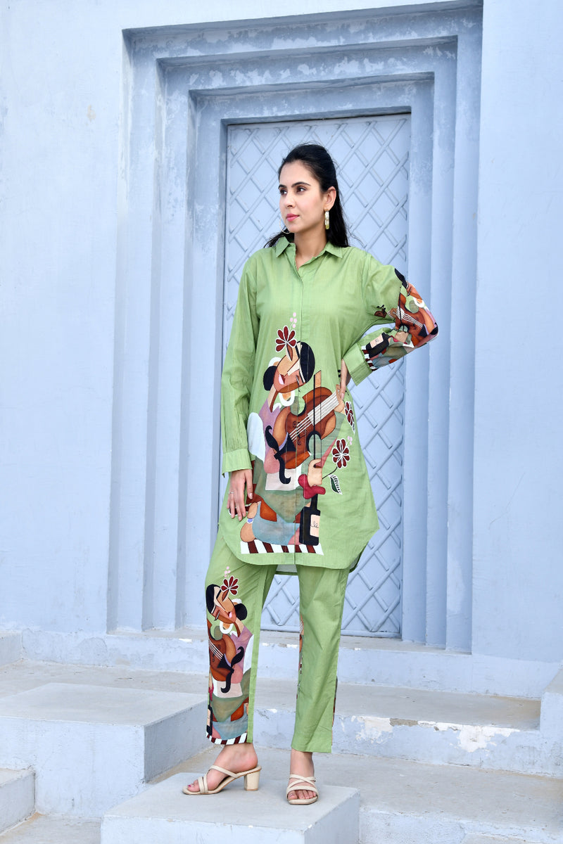 (Vaasva) Women Green figure printed shirt style cord set  (Set of 5 Pc)