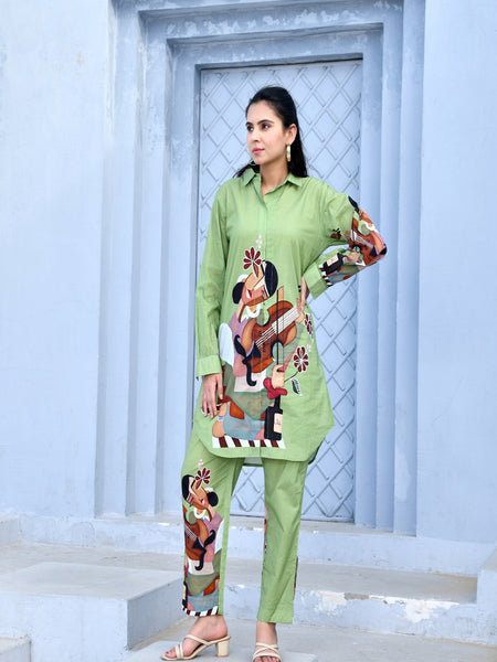 (Vaasva) Women Green figure printed shirt style cord set  (Set of 5 Pc)