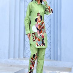 (Vaasva) Women Green figure printed shirt style cord set  (Set of 5 Pc)