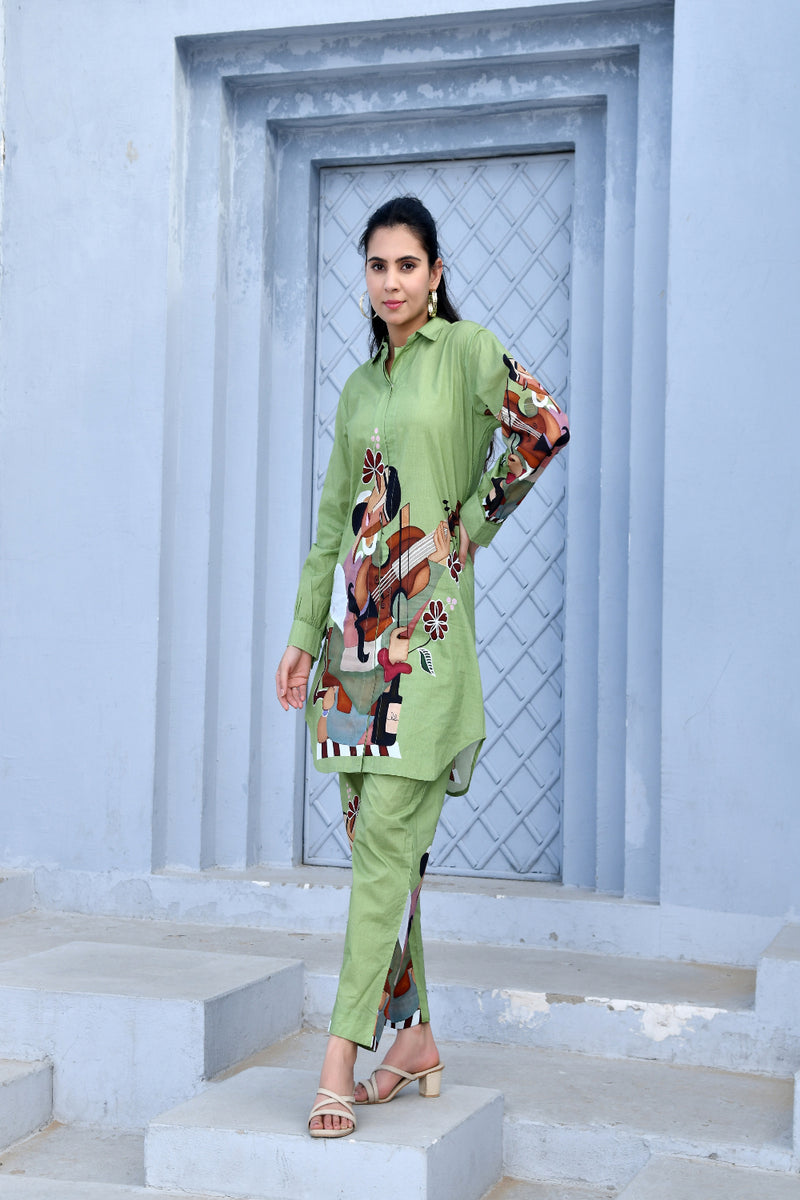 (Vaasva) Women Green figure printed shirt style cord set  (Set of 5 Pc)