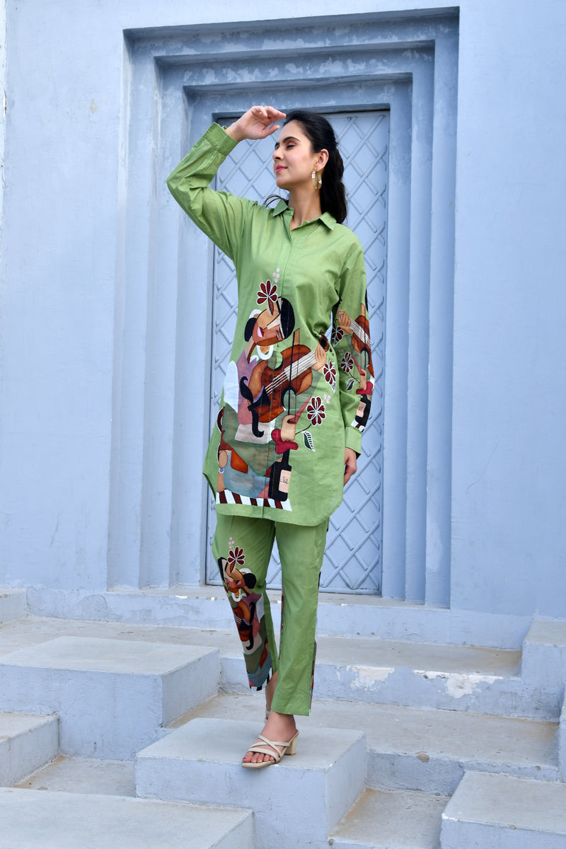 (Vaasva) Women Green figure printed shirt style cord set  (Set of 5 Pc)