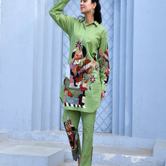 (Vaasva) Women Green figure printed shirt style cord set  (Set of 5 Pc)