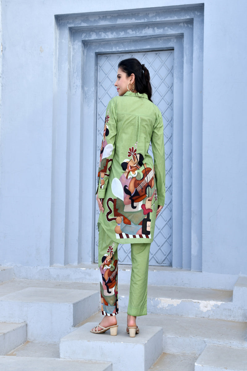 (Vaasva) Women Green figure printed shirt style cord set  (Set of 5 Pc)