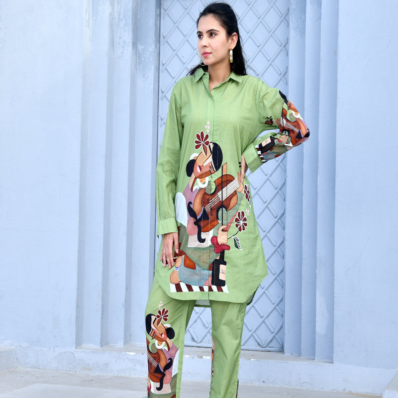 (Vaasva) Women Green figure printed shirt style cord set  (Set of 5 Pc)