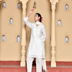 (Vaasva) Women Cream Stripes woven dobby chanderi suit set  (Set of 5 Pc)