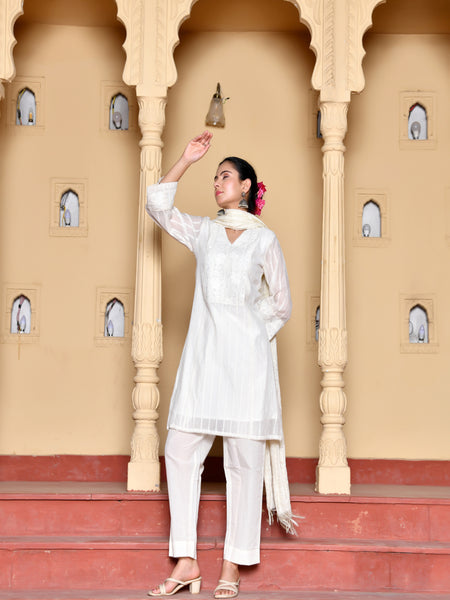 (Vaasva) Women Cream Stripes woven dobby chanderi suit set  (Set of 5 Pc)