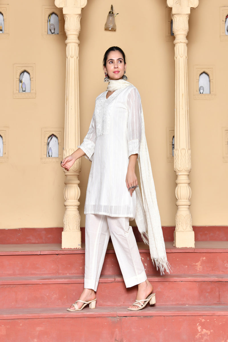 (Vaasva) Women Cream Stripes woven dobby chanderi suit set  (Set of 5 Pc)