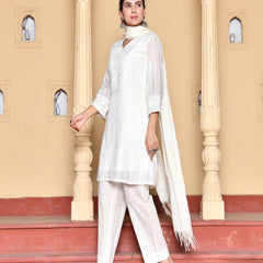 (Vaasva) Women Cream Stripes woven dobby chanderi suit set  (Set of 5 Pc)