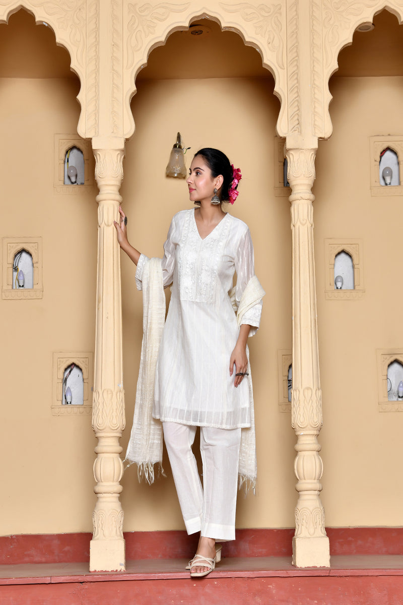 (Vaasva) Women Cream Stripes woven dobby chanderi suit set  (Set of 5 Pc)
