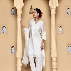 (Vaasva) Women Cream Stripes woven dobby chanderi suit set  (Set of 5 Pc)