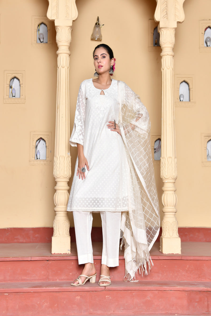 (Vaasva) Women Cream Dotted woven dobby chanderi suit set  (Set of 5 Pc)