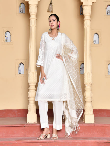 (Vaasva) Women Cream Dotted woven dobby chanderi suit set  (Set of 5 Pc)