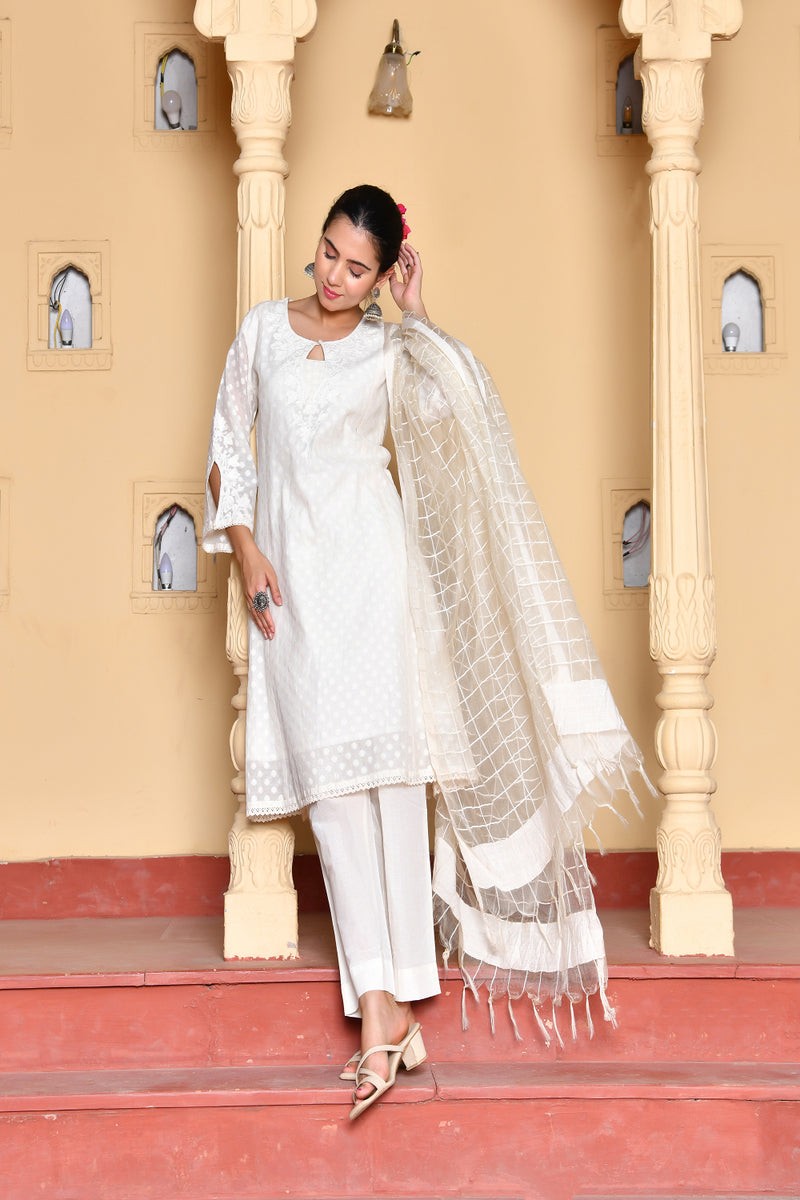 (Vaasva) Women Cream Dotted woven dobby chanderi suit set  (Set of 5 Pc)