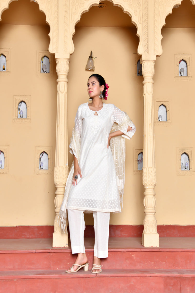 (Vaasva) Women Cream Dotted woven dobby chanderi suit set  (Set of 5 Pc)