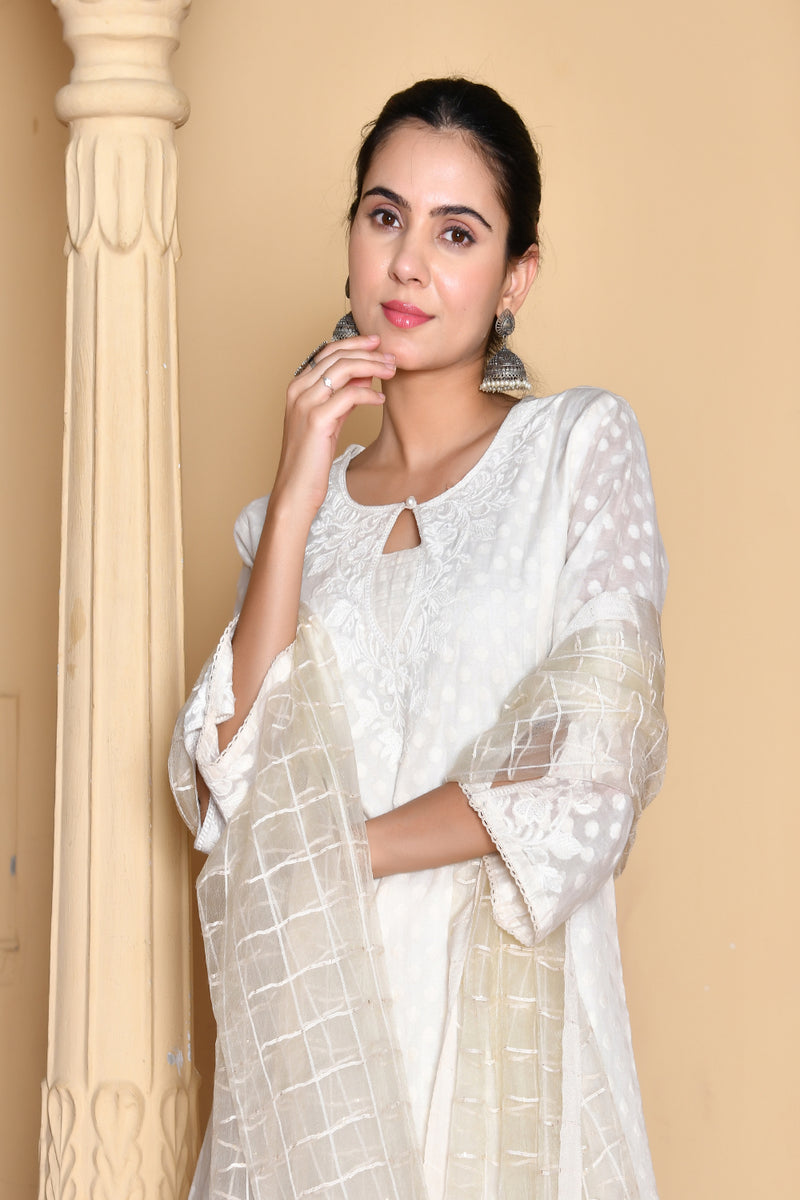 (Vaasva) Women Cream Dotted woven dobby chanderi suit set  (Set of 5 Pc)